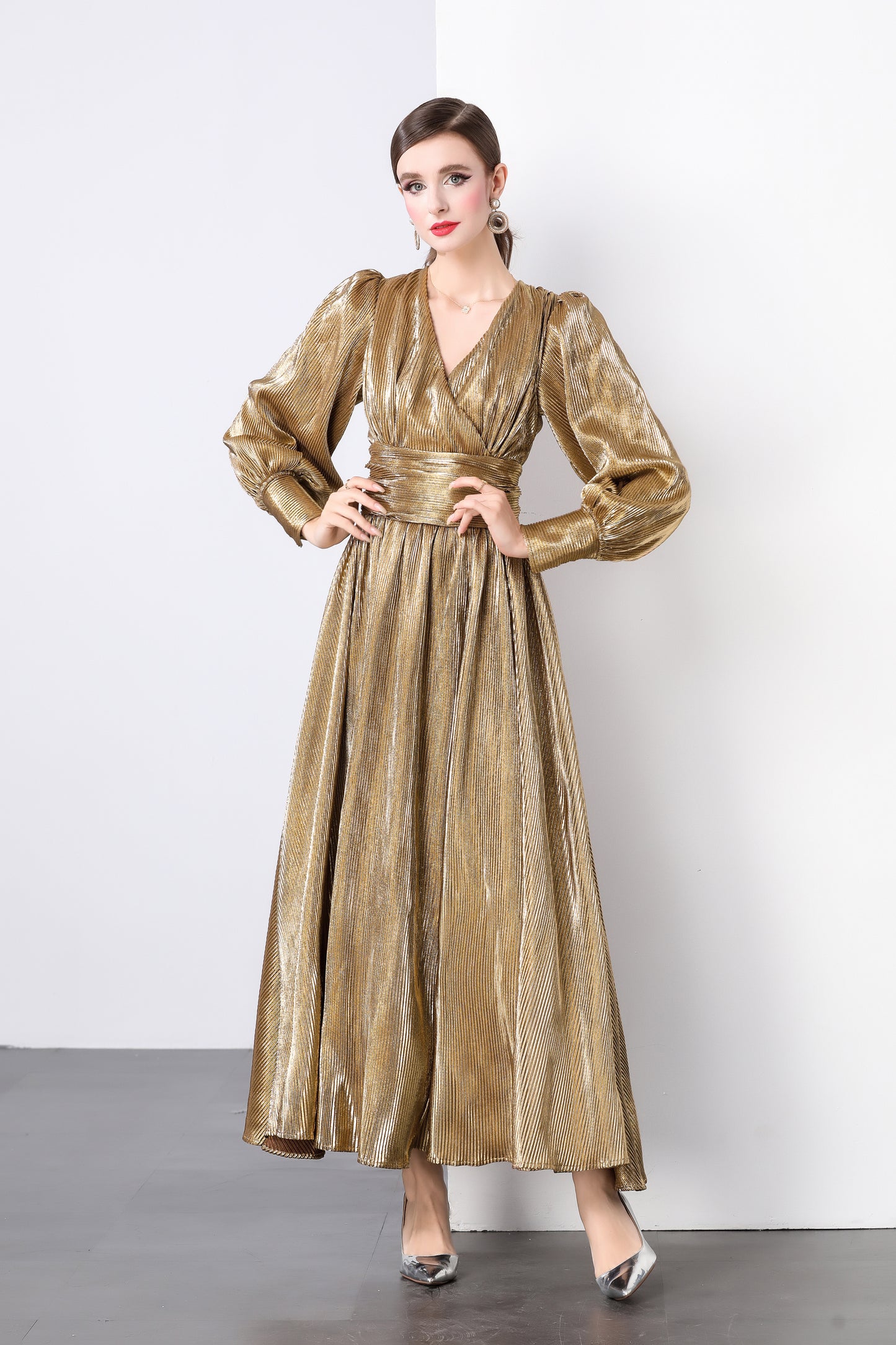 V-neck Puff Sleeves High Waist Maxi Dress