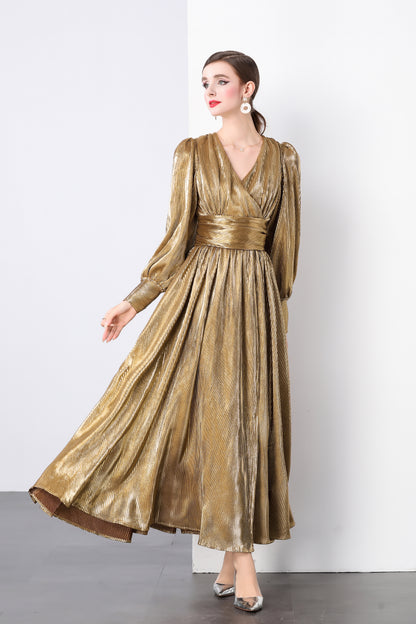 V-neck Puff Sleeves High Waist Maxi Dress