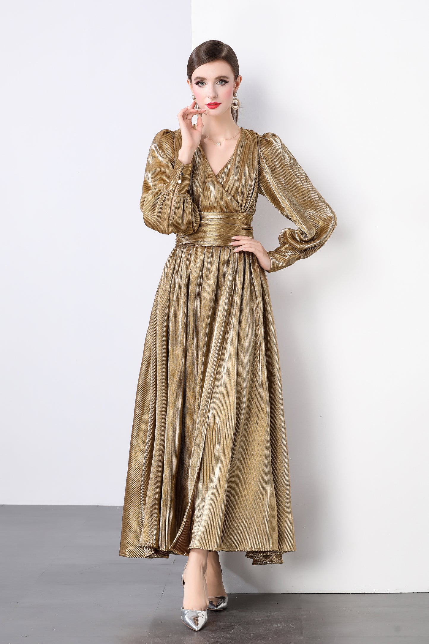 V-neck Puff Sleeves High Waist Maxi Dress