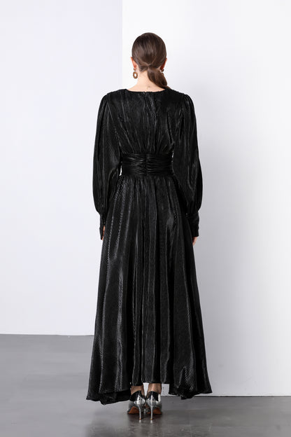 V-neck Puff Sleeves High Waist Maxi Dress