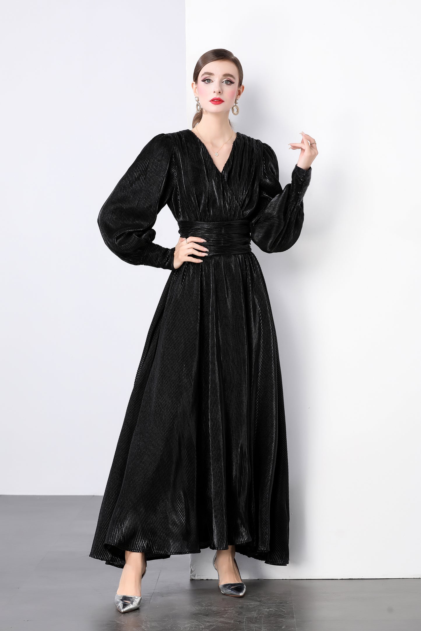 V-neck Puff Sleeves High Waist Maxi Dress