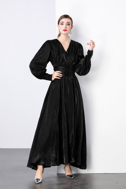 V-neck Puff Sleeves High Waist Maxi Dress