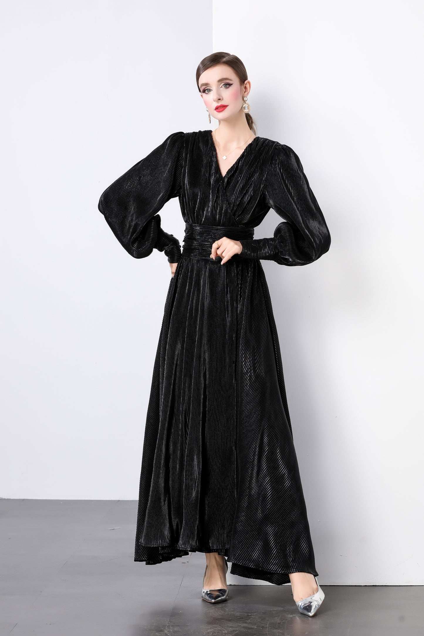 V-neck Puff Sleeves High Waist Maxi Dress