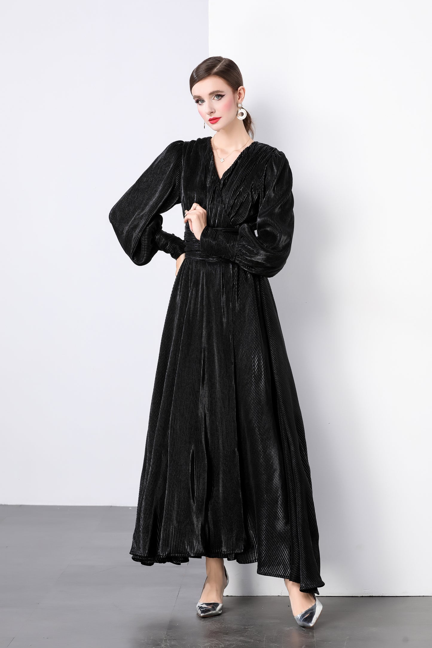 V-neck Puff Sleeves High Waist Maxi Dress