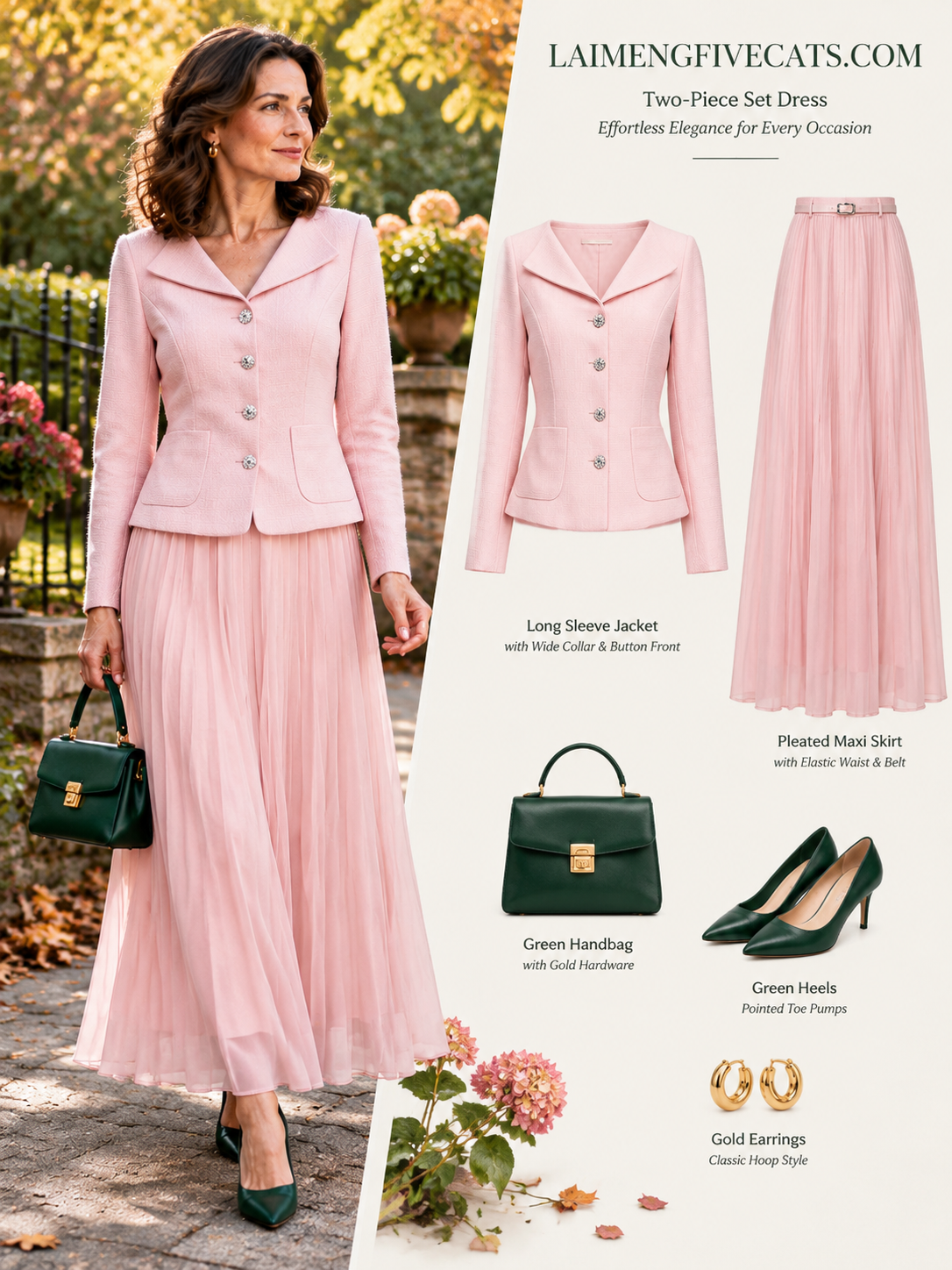 28730 Elegant Two-Piece Pleated Maxi Skirt Set – Pink, Beige & Black