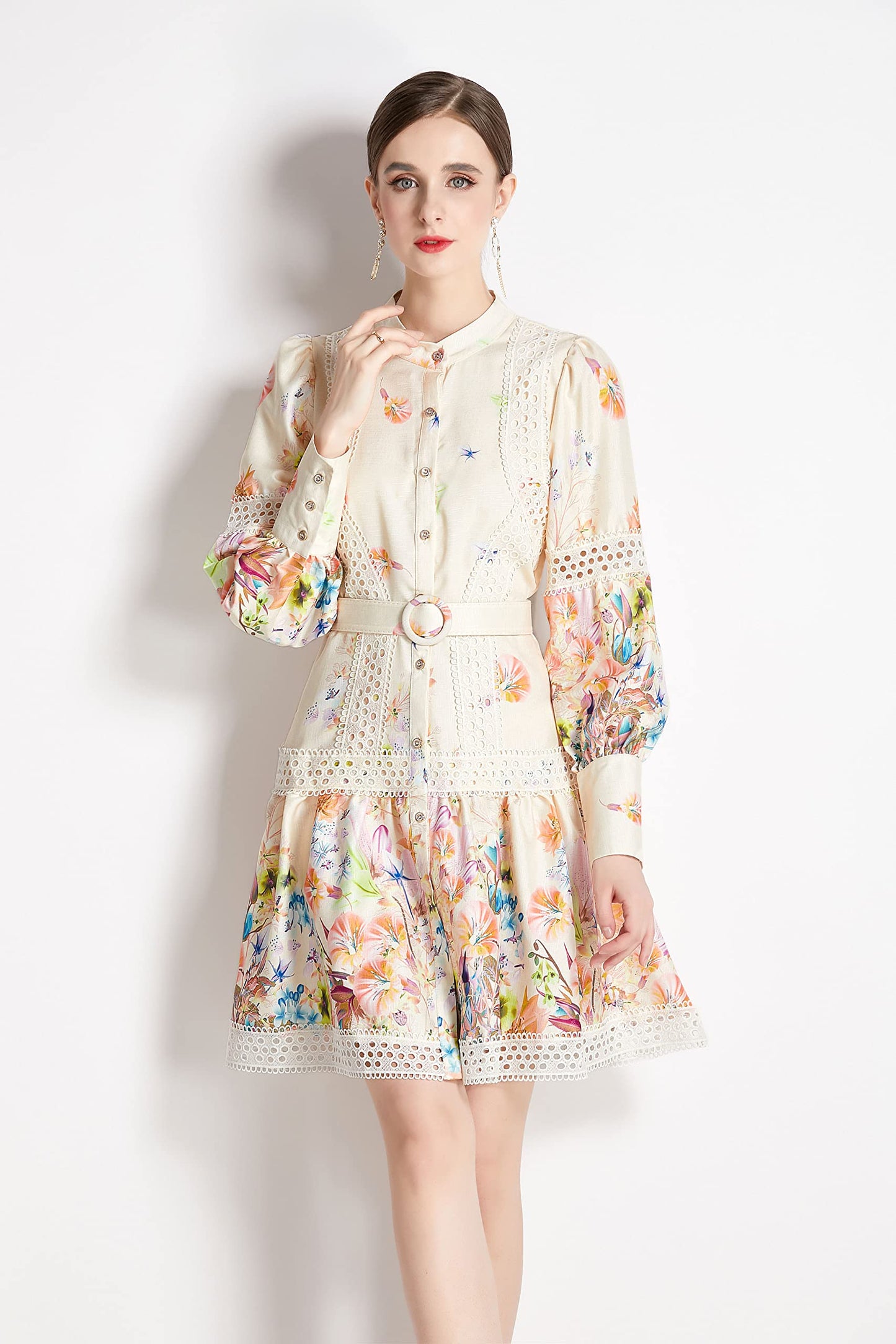 BK-Floral Print Button up Mini Dress with Belt