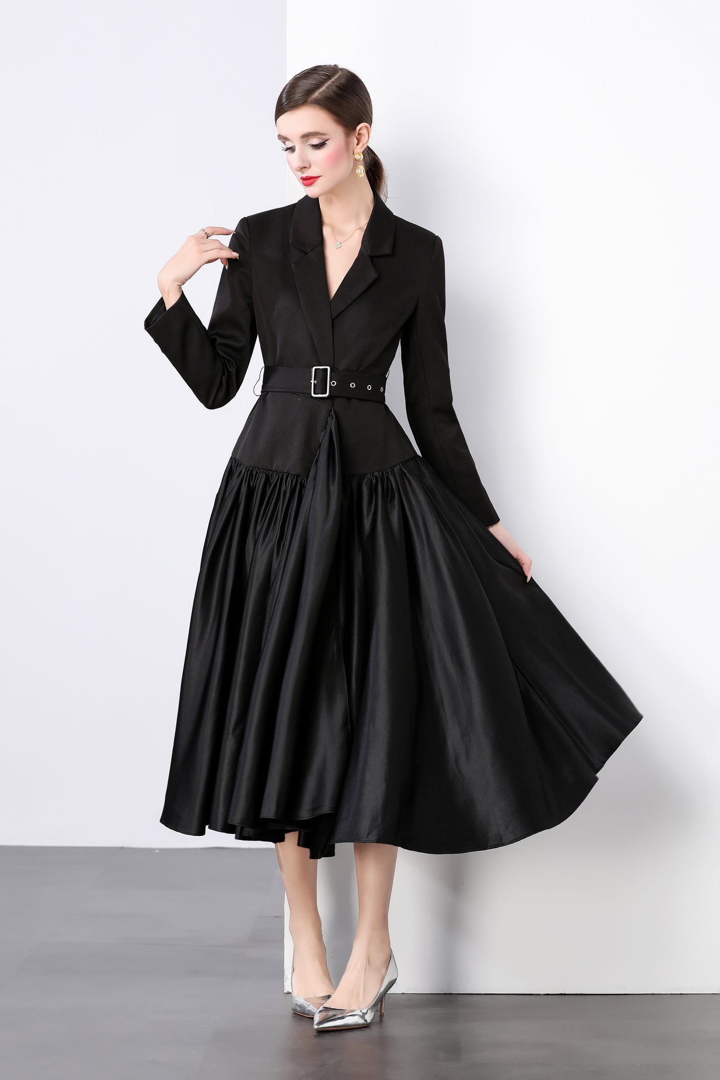 V-neck Belt Patchwork Satin Suit Dress