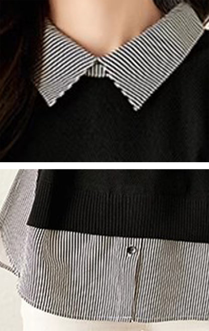 Women's Patchwork Shirt Collar Cotton  Knit Pullover Tops