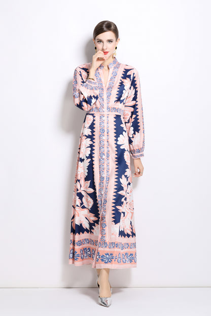 Floral Print V-Neck Button Maxi Dress