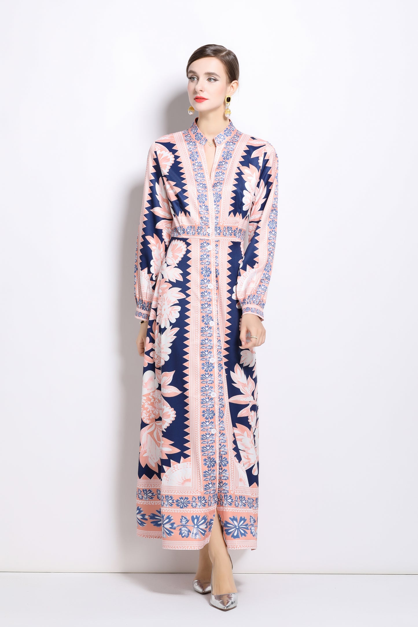 Floral Print V-Neck Button Maxi Dress