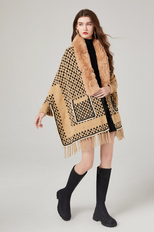 Women Winter Plaid Shawl with Faux Fur Long sleeve Two Pocket coat
