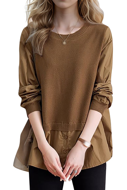 Women's Fall Patchwork Shirt Pullover Loose Blouse Tops