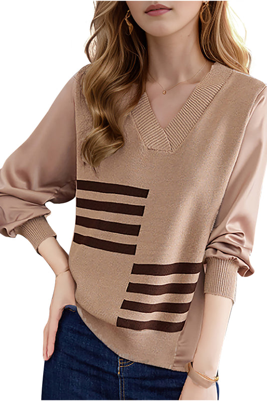 Women's V-Neck Pullover Striped Pattern Casual Knit Tops