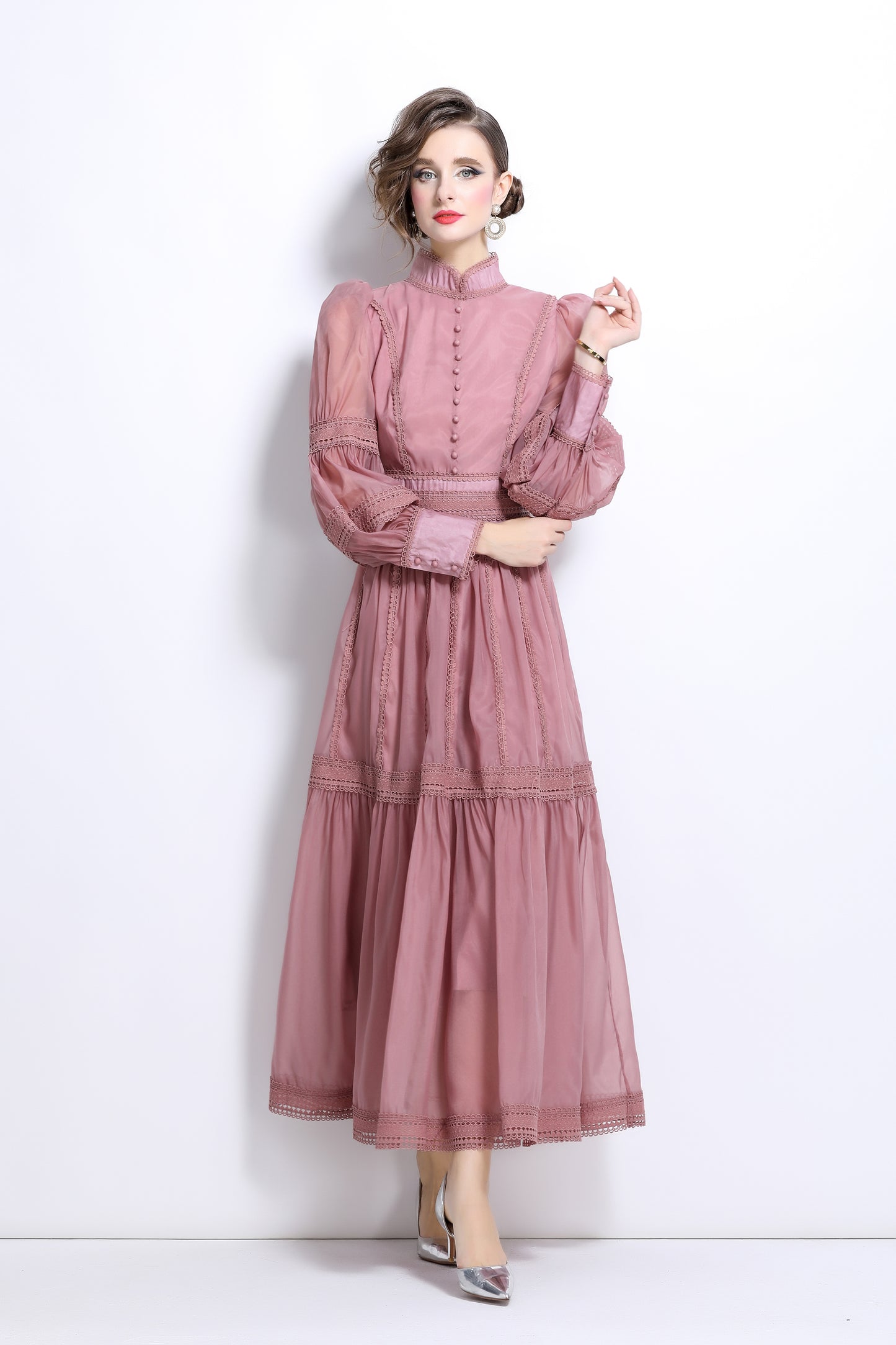 Princess Puff Sleeves Layered Hem Maxi Dress