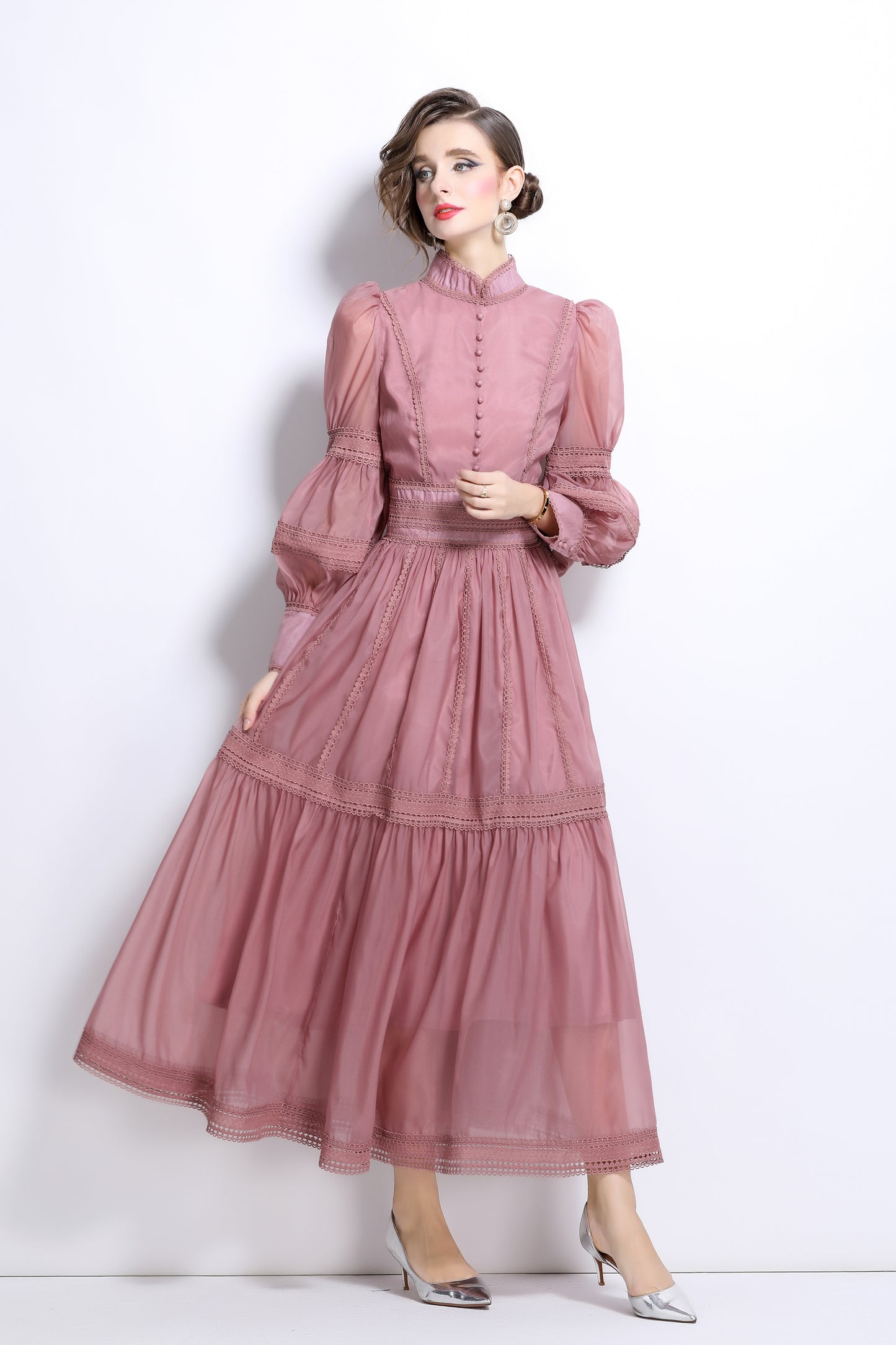 Princess Puff Sleeves Layered Hem Maxi Dress