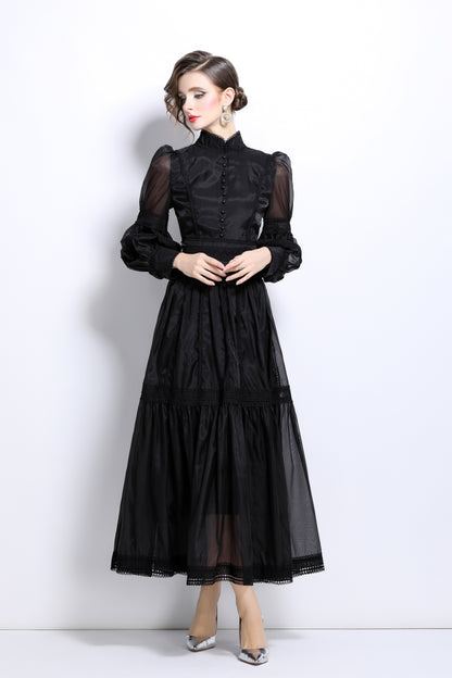 Princess Puff Sleeves Layered Hem Maxi Dress