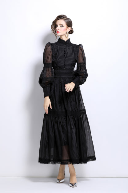 Princess Puff Sleeves Layered Hem Maxi Dress