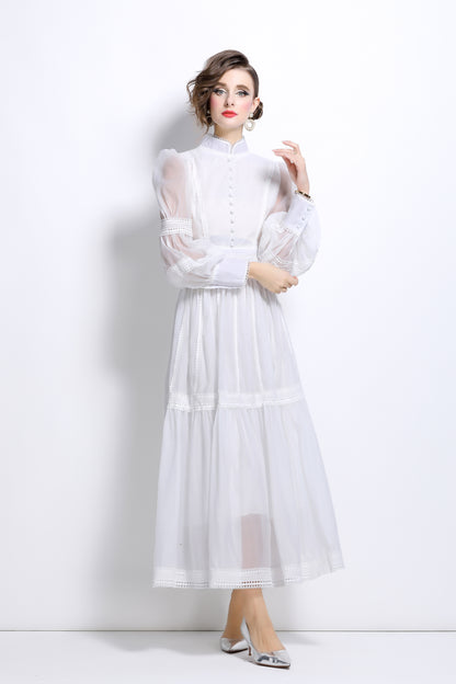 Princess Puff Sleeves Layered Hem Maxi Dress