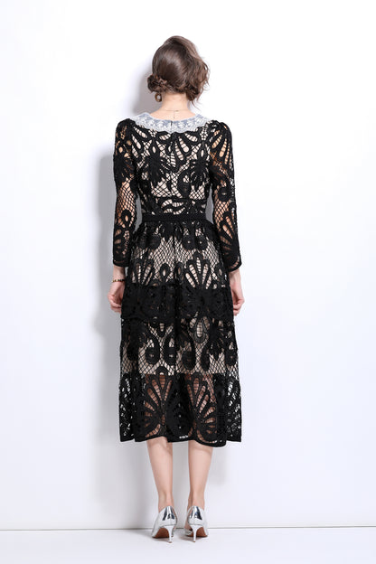 Peter Pan Collar Lace Hollow Midi Dress