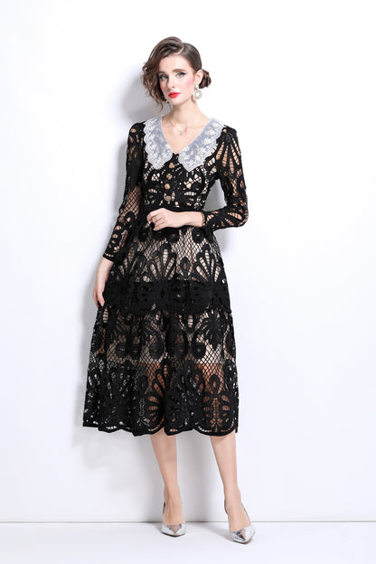 Peter Pan Collar Lace Hollow Midi Dress