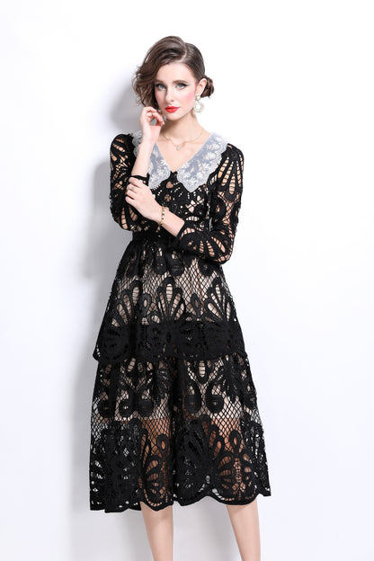 Peter Pan Collar Lace Hollow Midi Dress