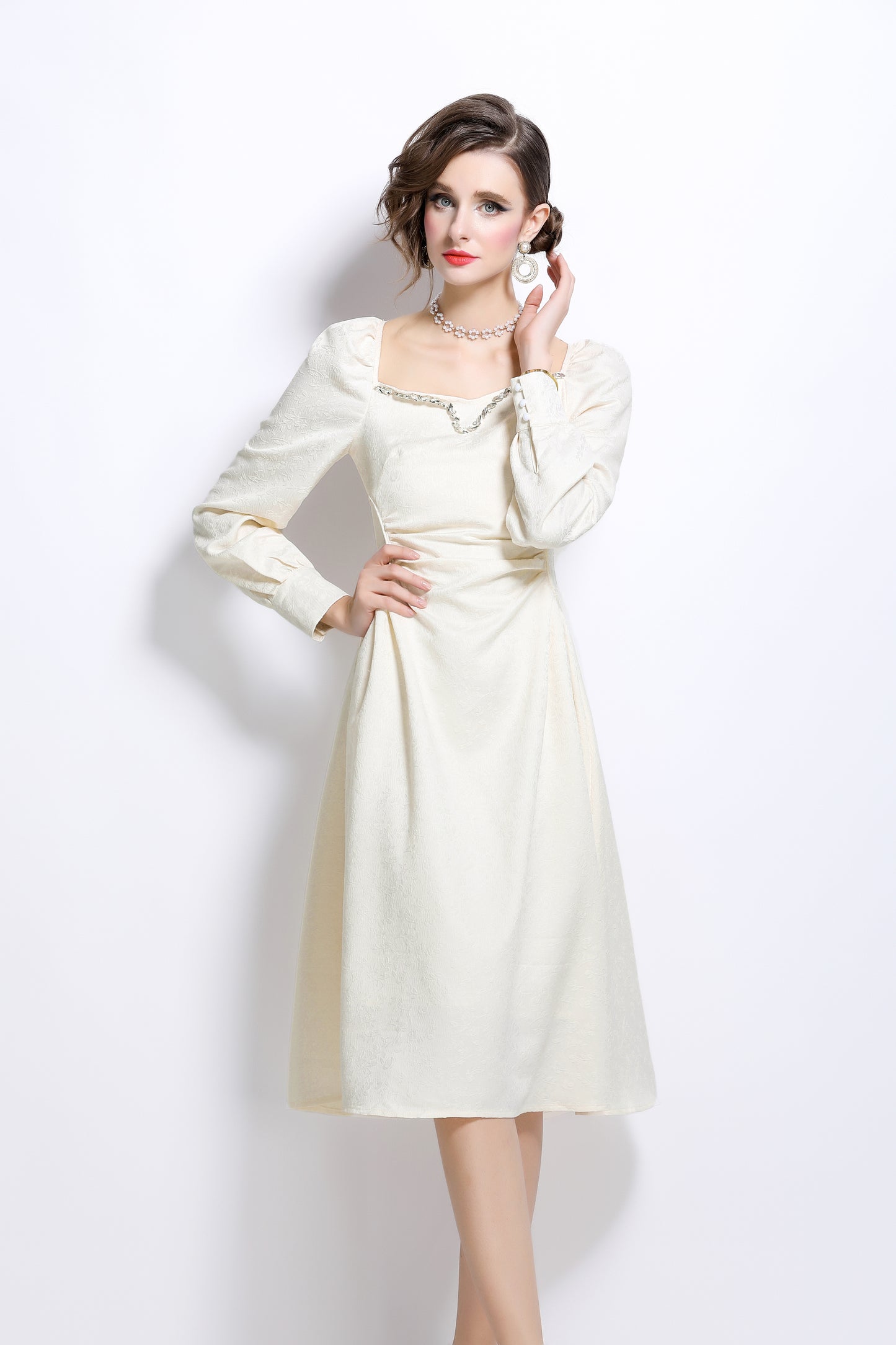 Women's jacquard fabric puffy sleeve pleated midi dress