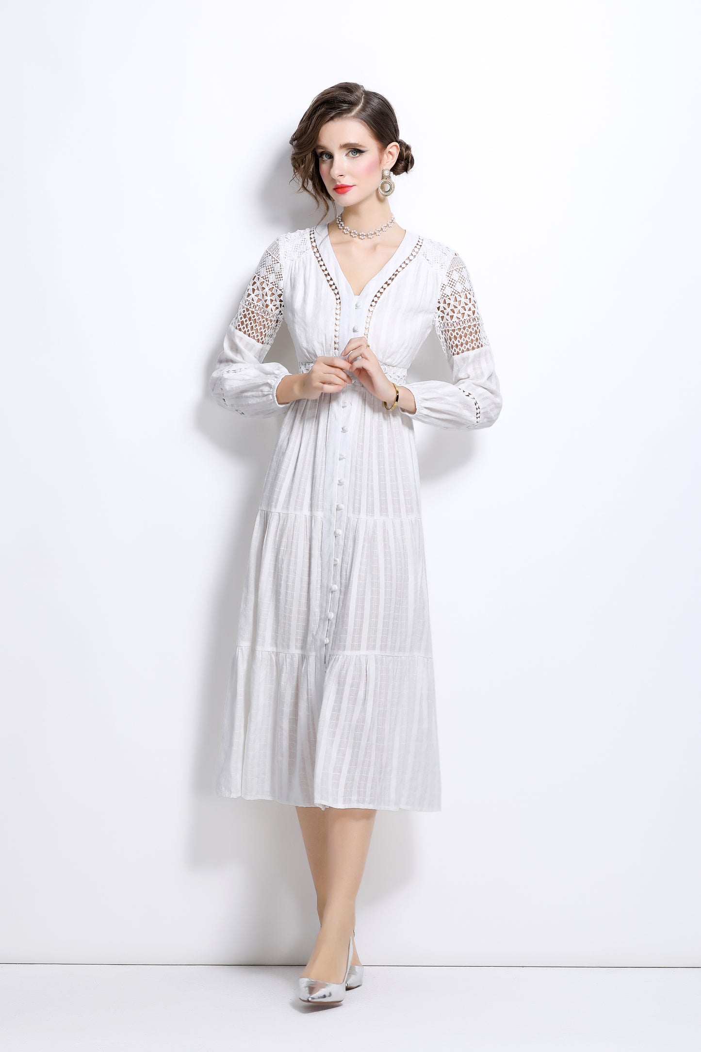 V-neck Balloon Sleeves Lace Buttons Maxi Dress