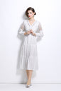 V-neck Balloon Sleeves Lace Buttons Maxi Dress