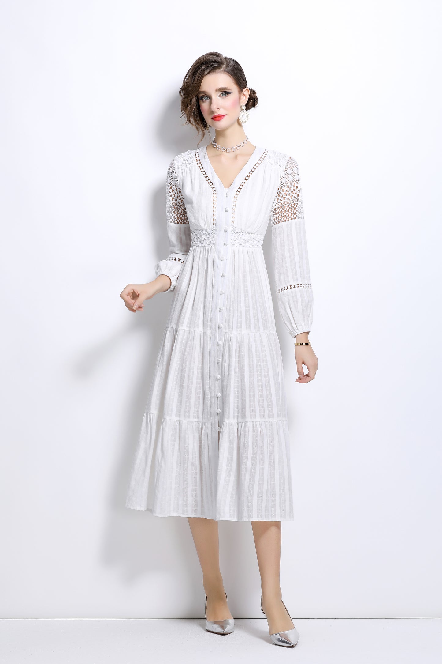 V-neck Balloon Sleeves Lace Buttons Maxi Dress