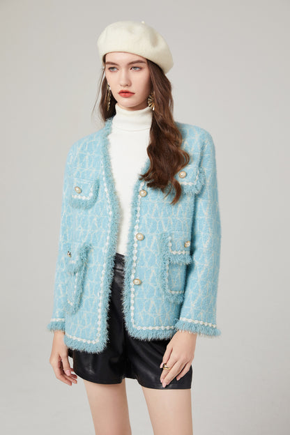 Women Luxurious Fringed Patchwork Design Raw Edge Coats Jacket Top