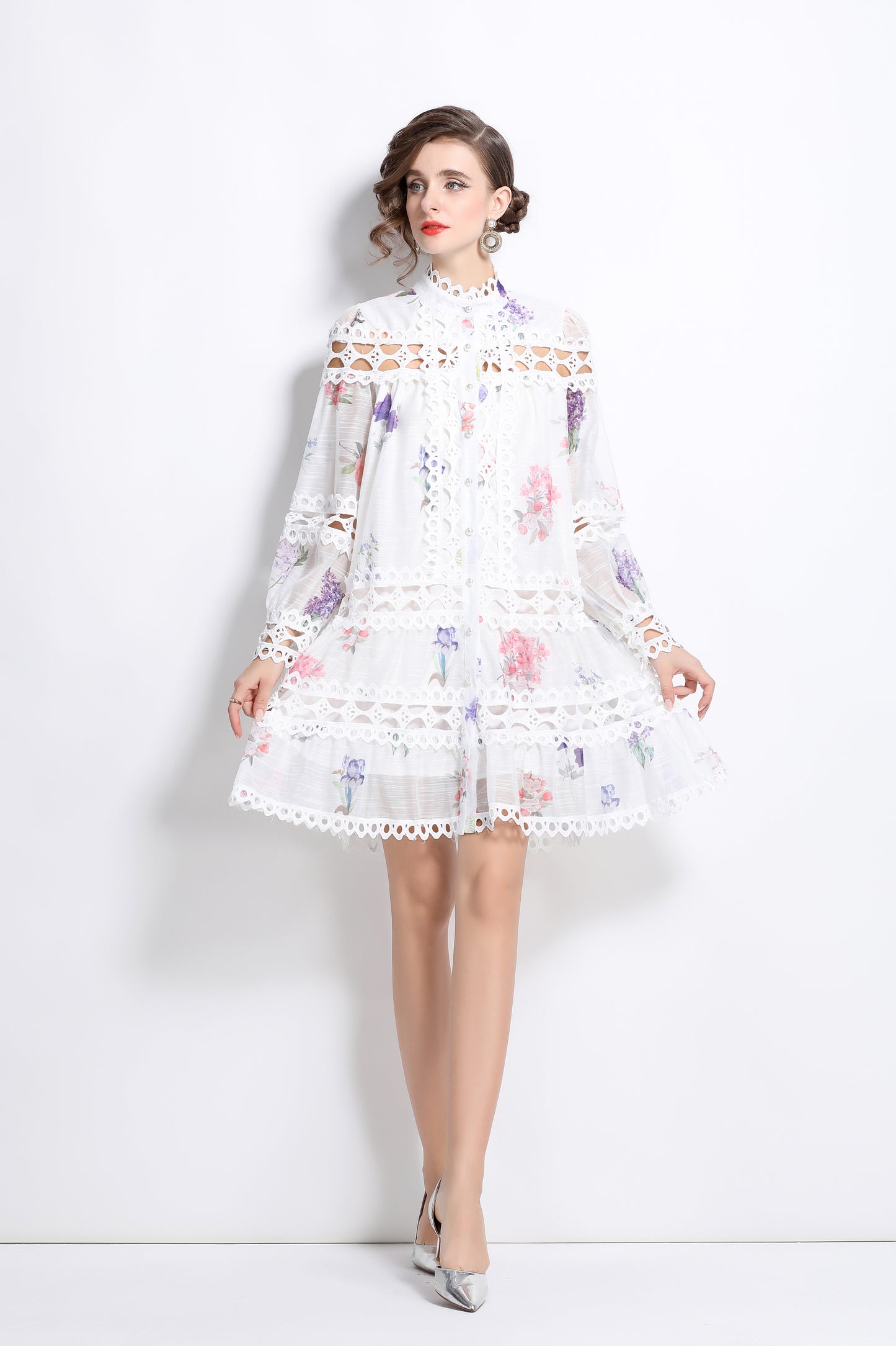 Women's Lace Puff Sleeves Floral Print Mini Dress