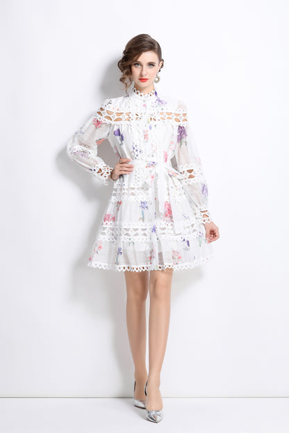 Women's Lace Puff Sleeves Floral Print Mini Dress