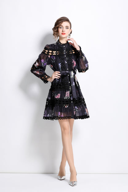 Women's Lace Puff Sleeves Floral Print Mini Dress