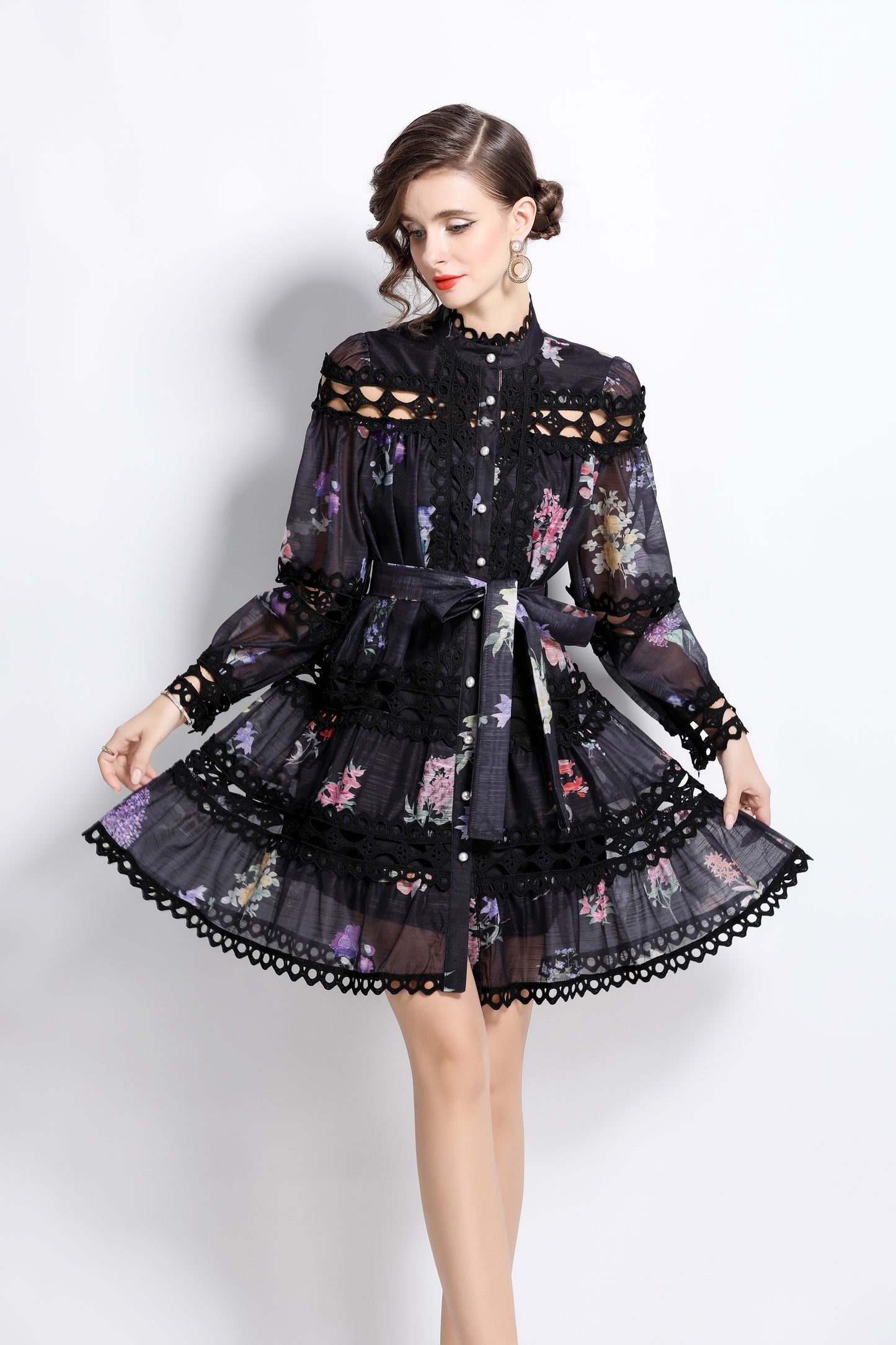 Women's Lace Puff Sleeves Floral Print Mini Dress