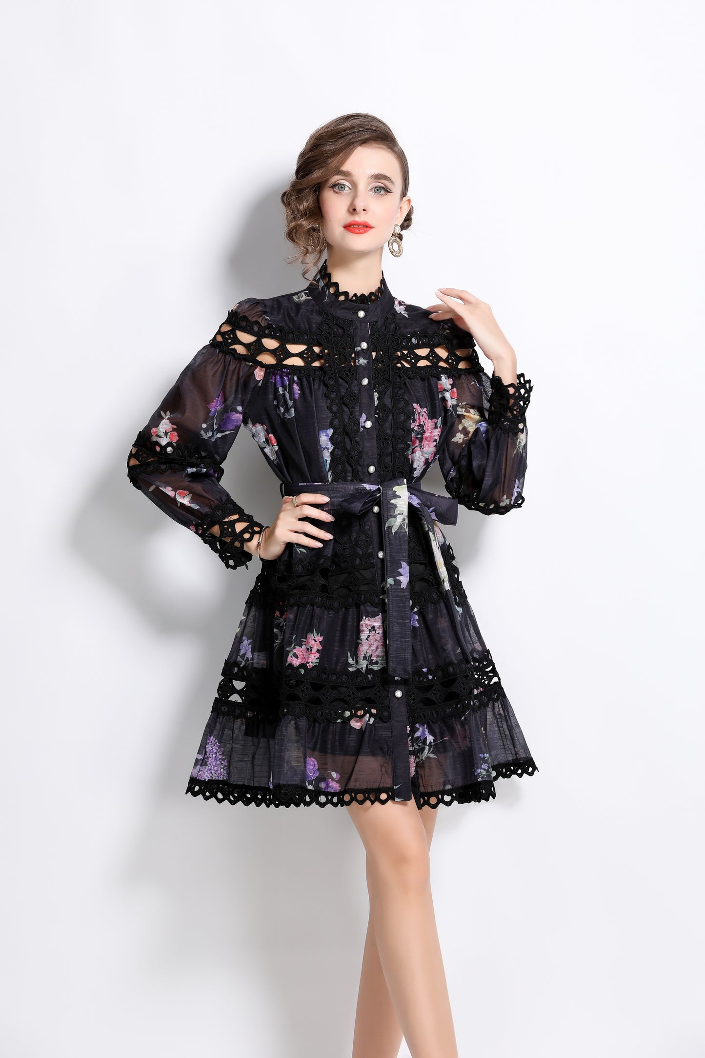 Women's Lace Puff Sleeves Floral Print Mini Dress