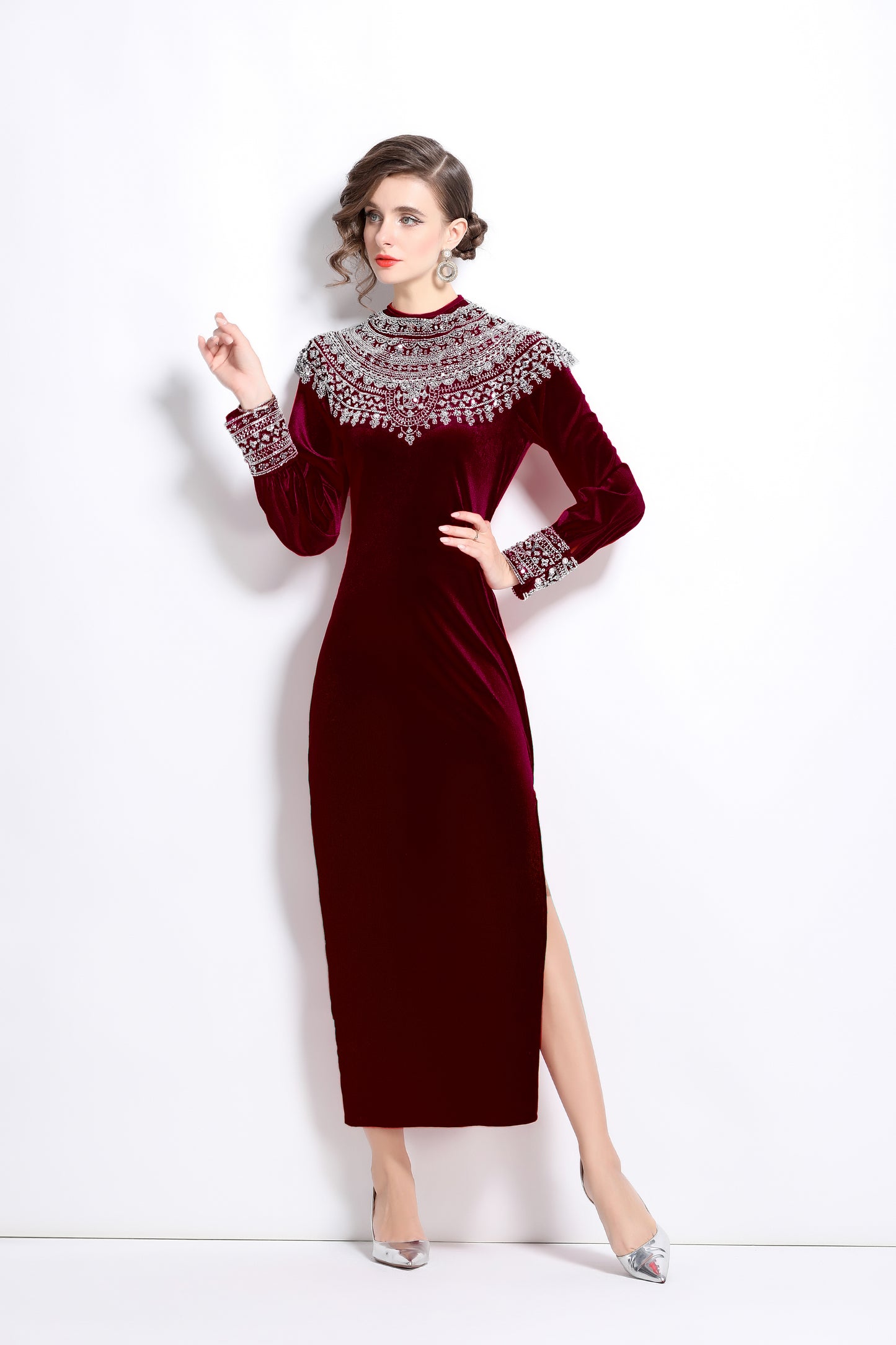 Velvet Embroidery Beads Side Slit Maxi Dress