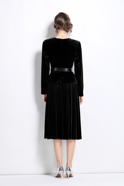 Velvet Pockets Belt Pleated Dress