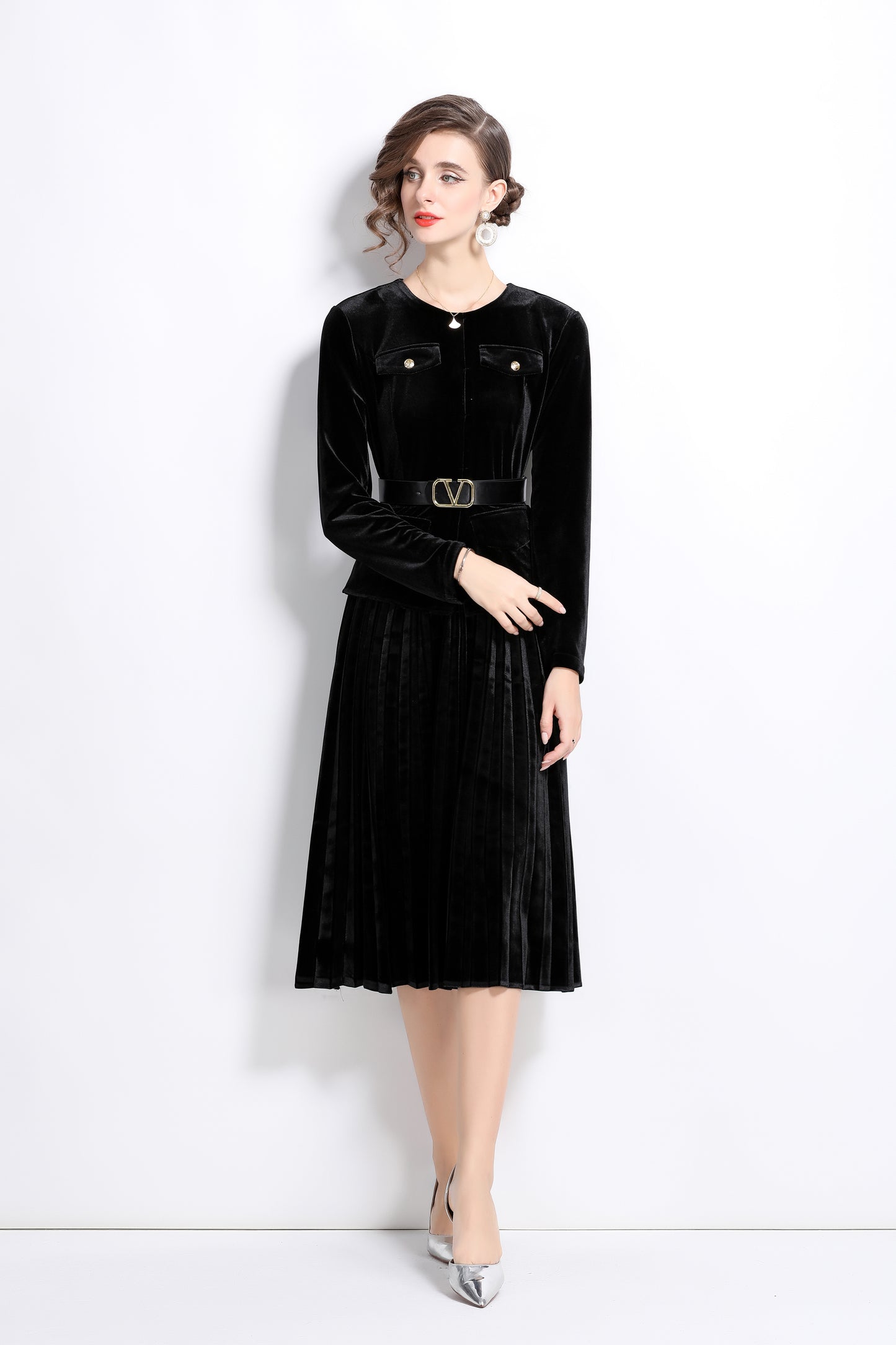 Velvet Pockets Belt Pleated Dress