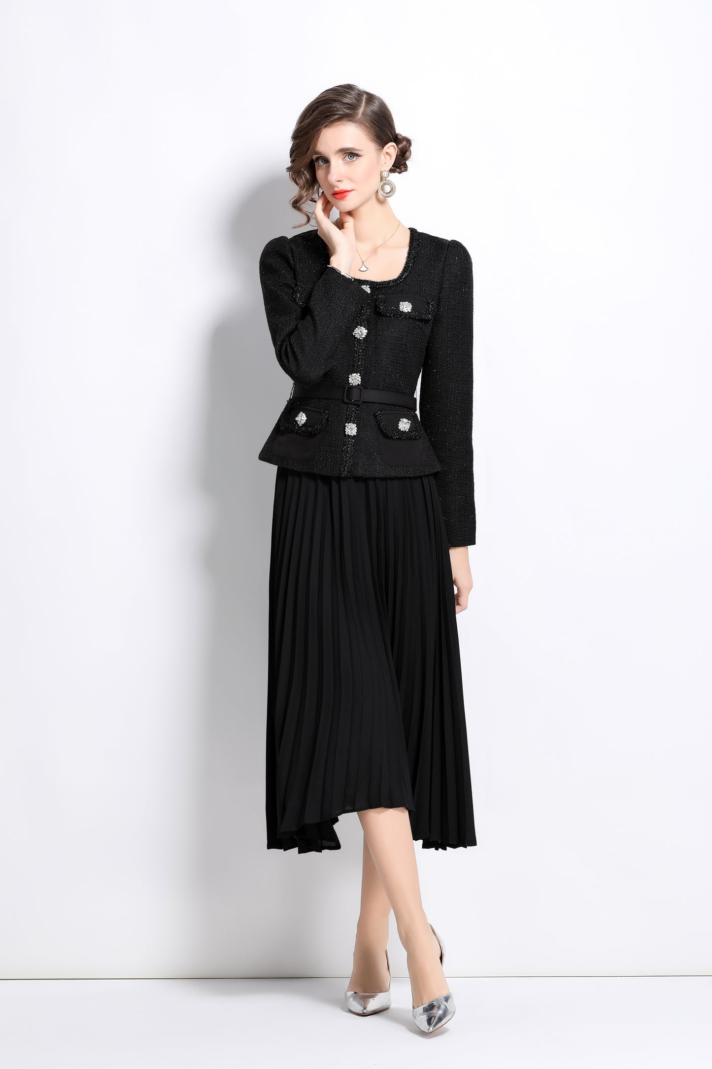 Tweed Beaded Pleated Midi Dress with Belt