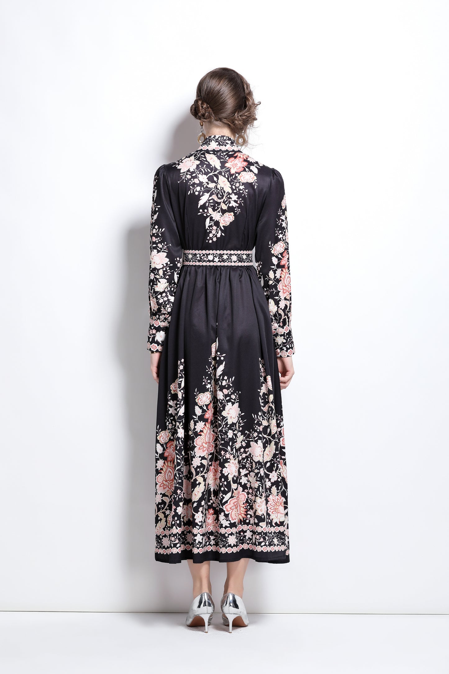 Vintage Floral Print Flowy Maxi Belt Dress