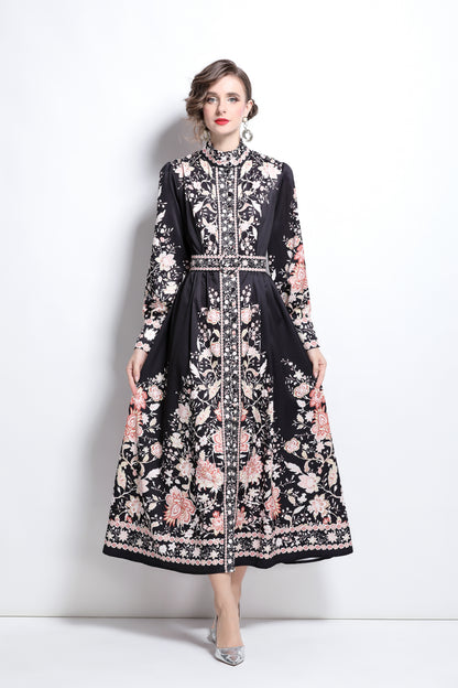 Vintage Floral Print Flowy Maxi Belt Dress