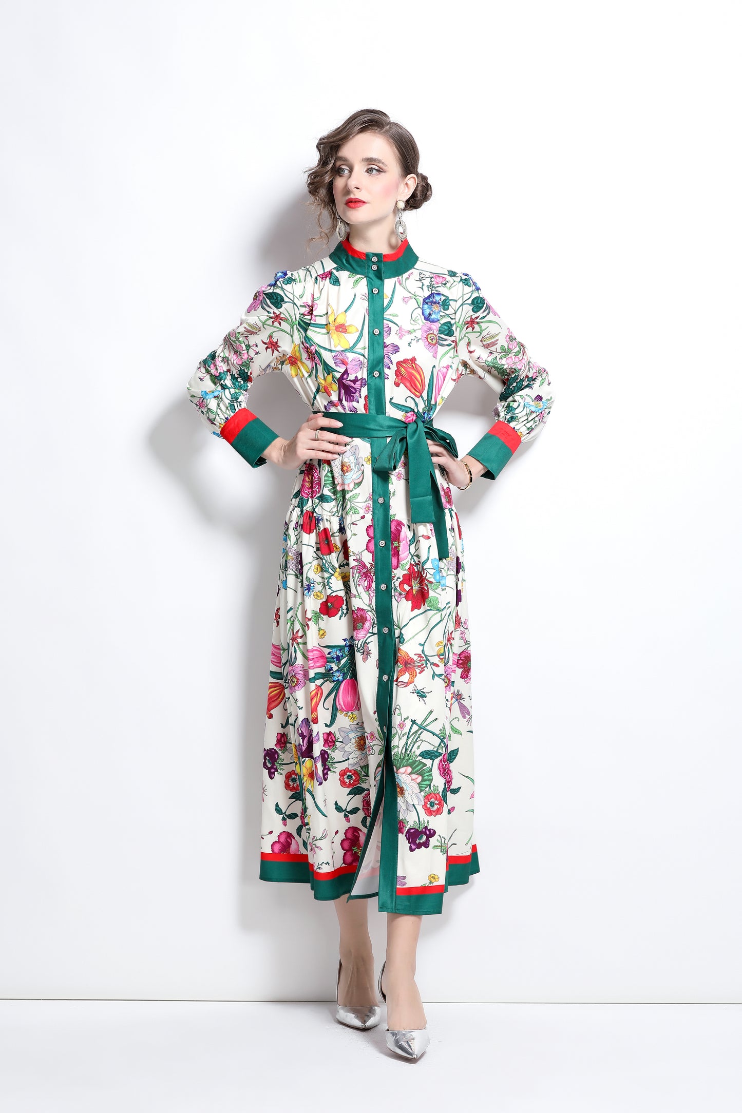 BK-Floral Print Button Up Casual Maxi Dress