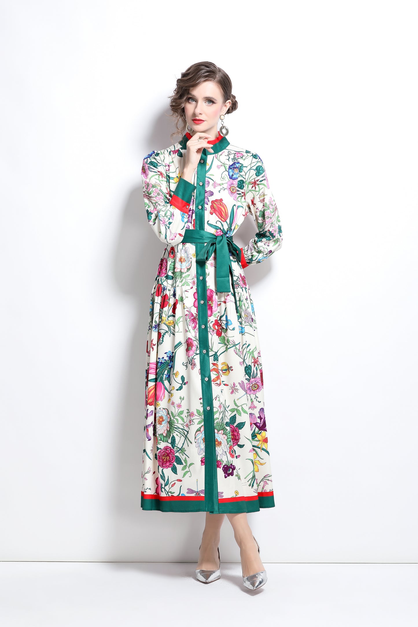 BK-Floral Print Button Up Casual Maxi Dress