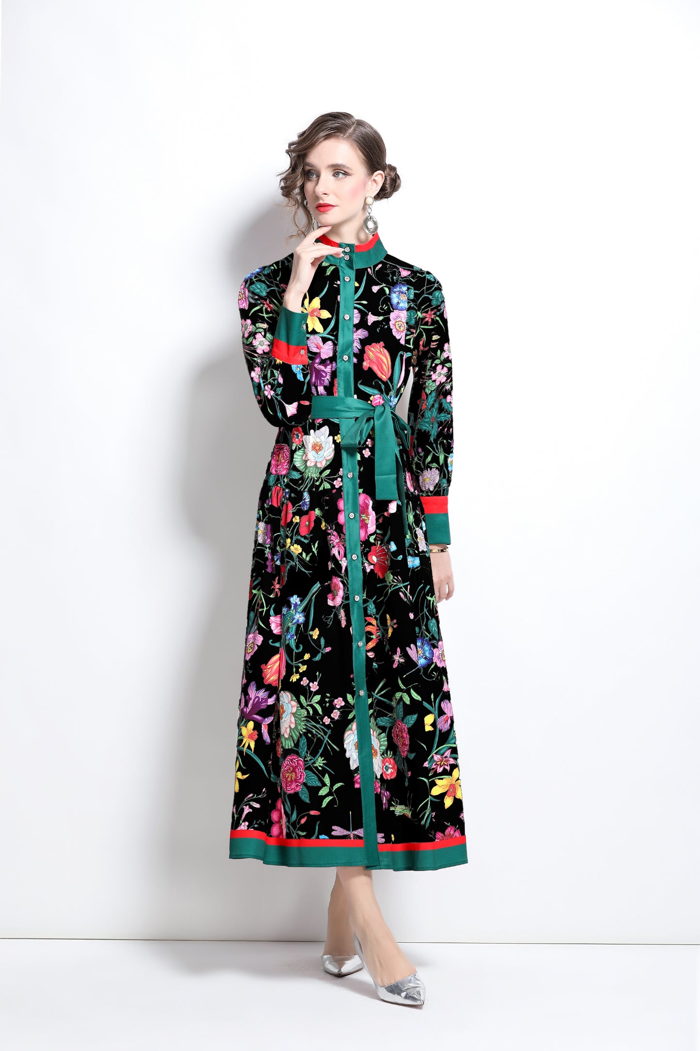 BK-Floral Print Button Up Casual Maxi Dress