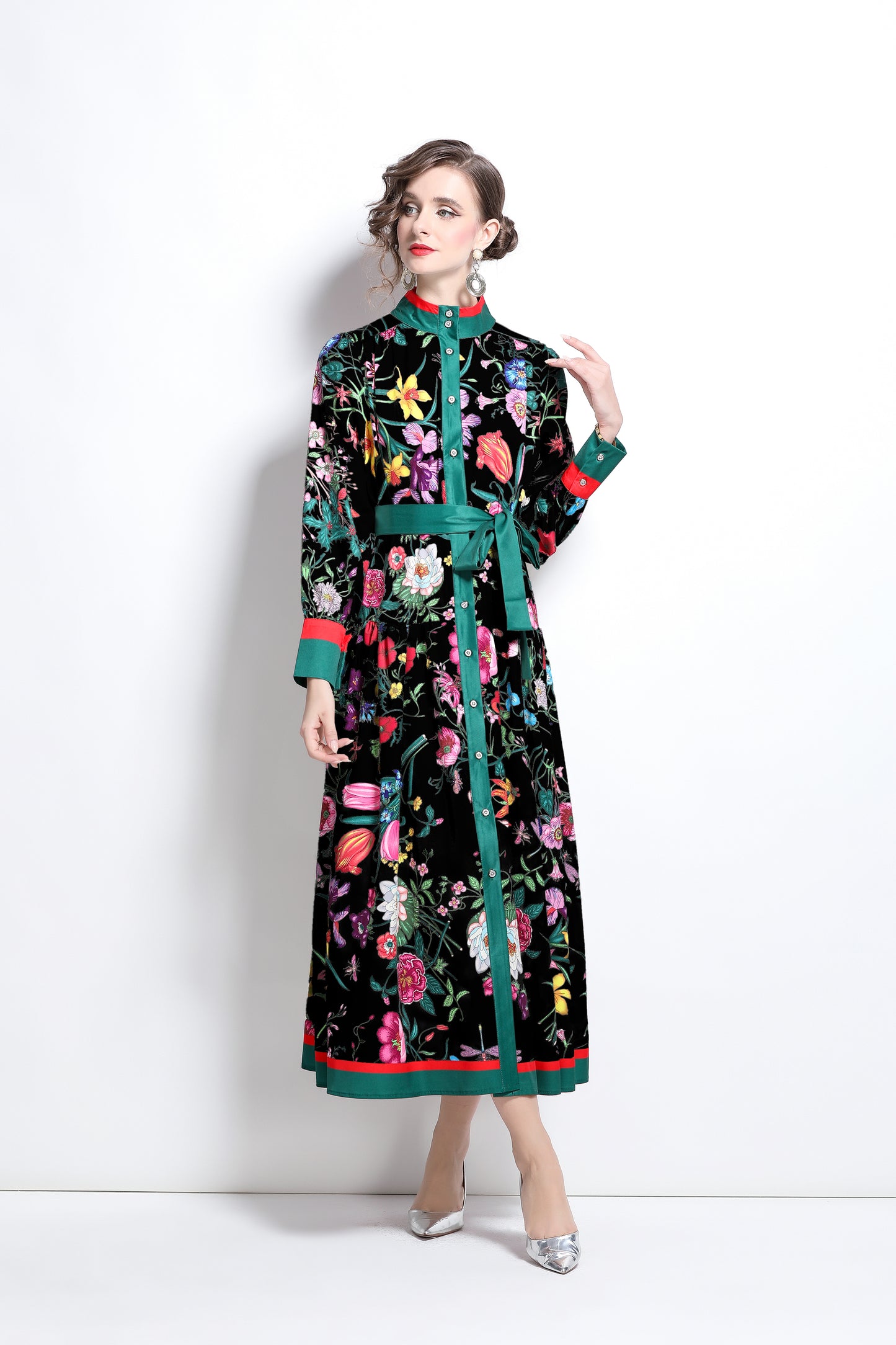 BK-Floral Print Button Up Casual Maxi Dress