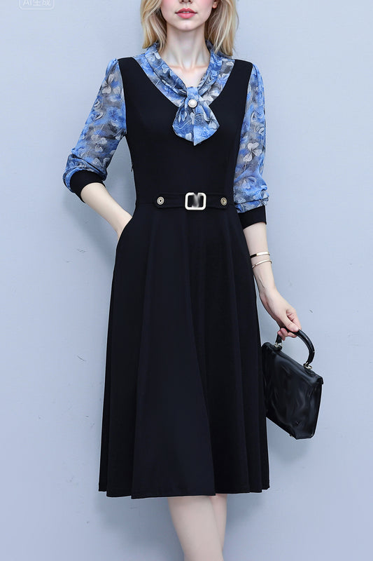 Women's V-Neck Long Sleeve Patchwork Black Dress