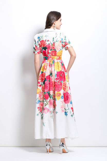 Women's V-Neck Floral Print Short Sleeve Maxi Dress