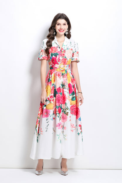 Women's V-Neck Floral Print Short Sleeve Maxi Dress