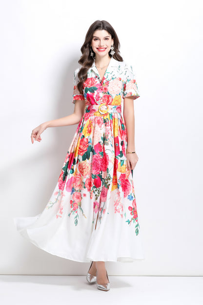 Women's V-Neck Floral Print Short Sleeve Maxi Dress