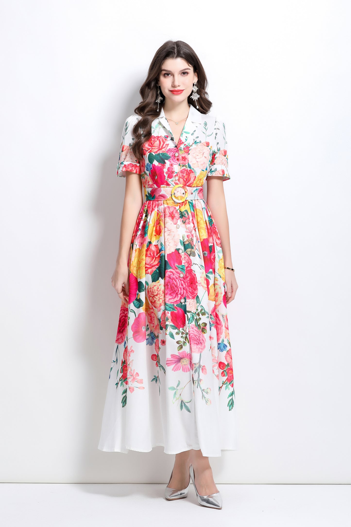 Women's V-Neck Floral Print Short Sleeve Maxi Dress